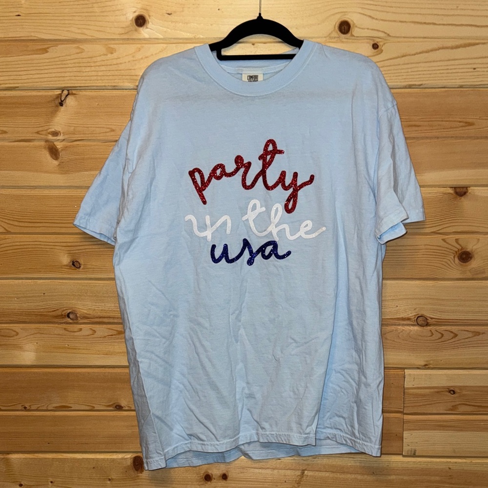 Comfort Colors Light Blue Tee with Red White and Blue Script